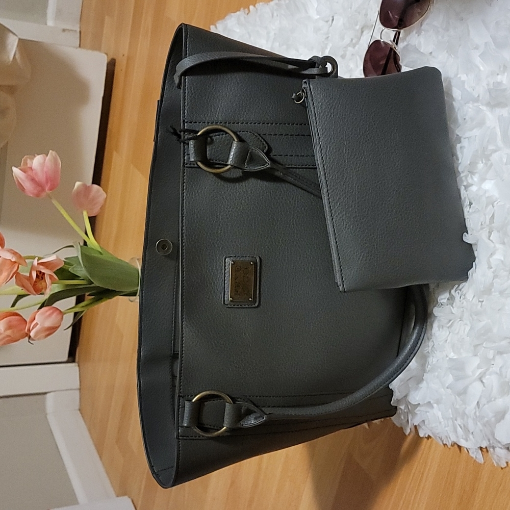 Frye Gray Leather Shoulder Tote with Matching Pouch